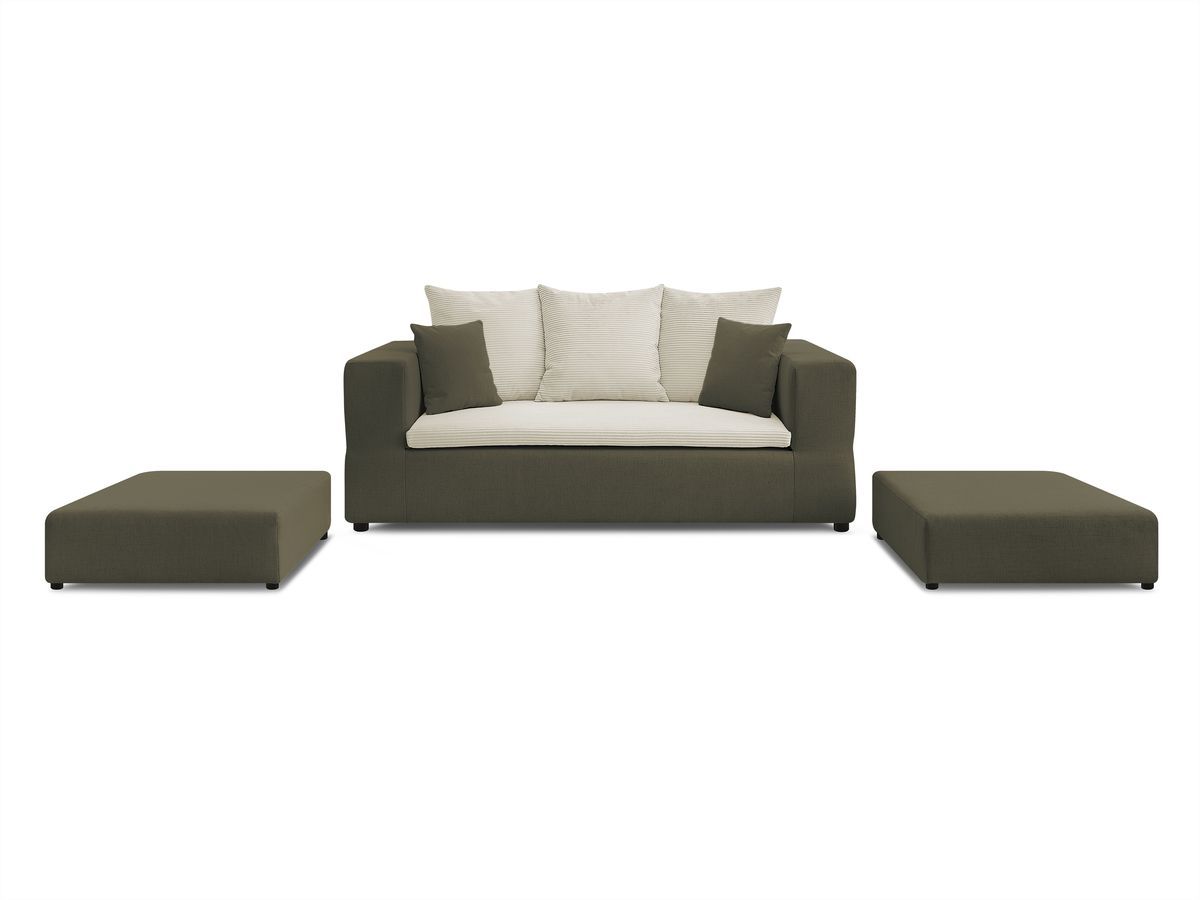 Canapé droit convertible LEANDRE bi matière avec deux poufs
