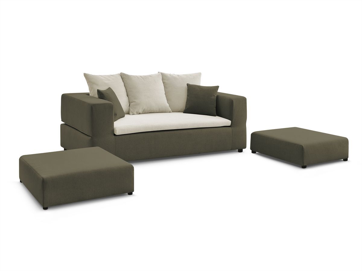 Canapé droit convertible LEANDRE bi matière avec deux poufs