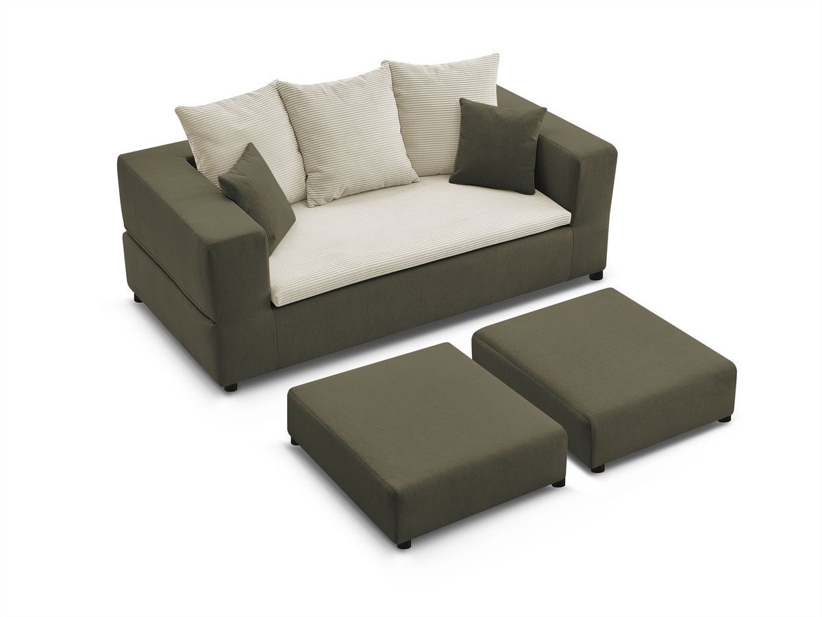 Canapé droit convertible LEANDRE bi matière avec deux poufs