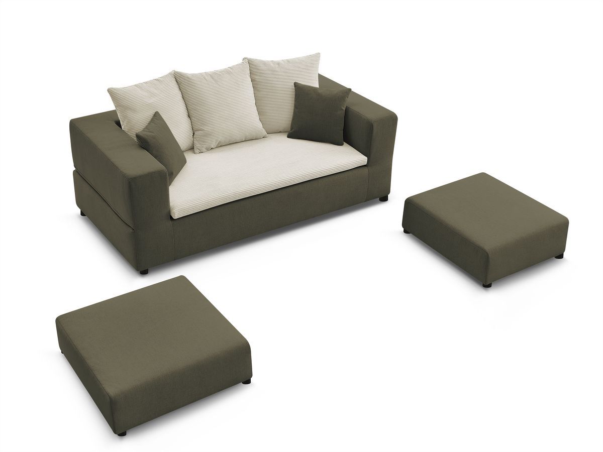 Canapé droit convertible LEANDRE bi matière avec deux poufs