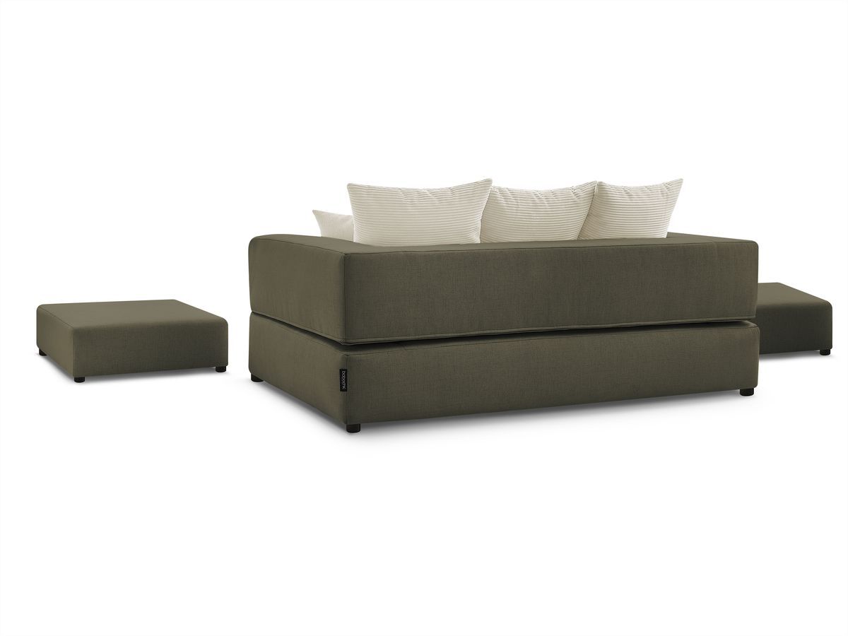 Canapé droit convertible LEANDRE bi matière avec deux poufs