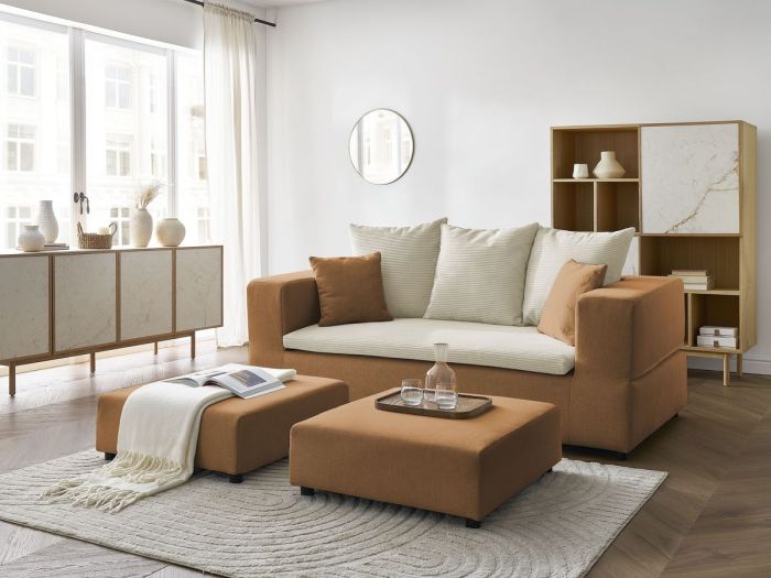 Canapé droit convertible LEANDRE bi matière avec deux poufs