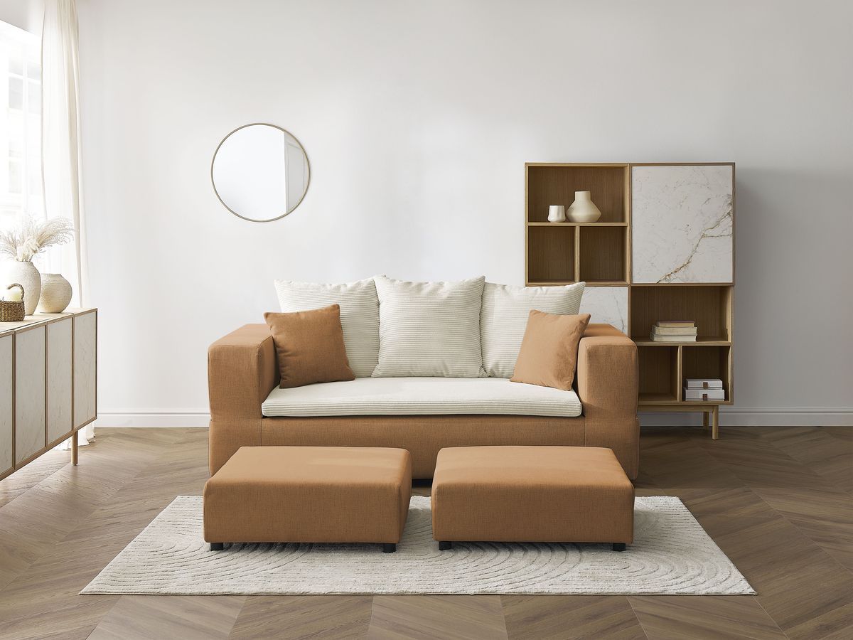 Canapé droit convertible LEANDRE bi matière avec deux poufs