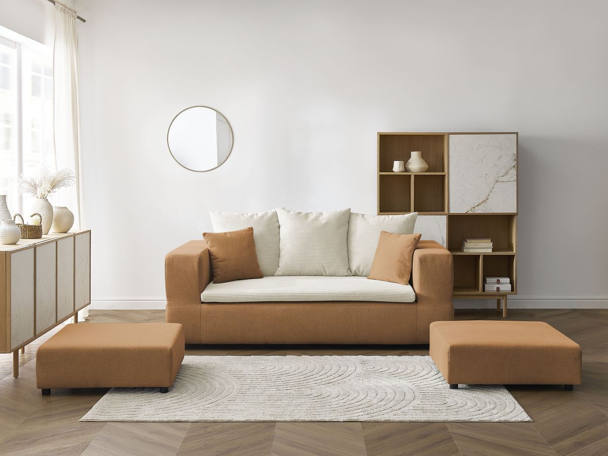 Canapé droit convertible LEANDRE bi matière avec deux poufs beige et jaune BOBOCHIC 4 places - Vue supplémentaire 3