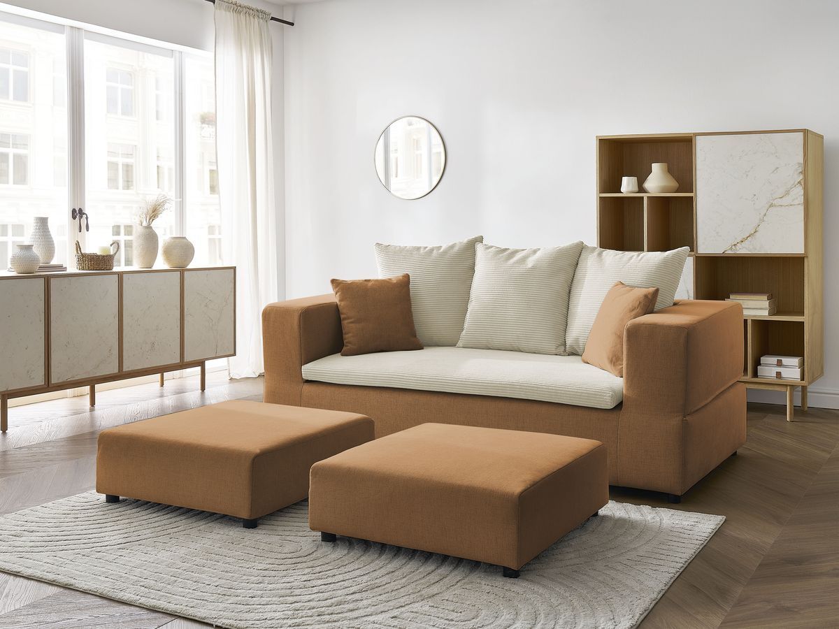 Canapé droit convertible LEANDRE bi matière avec deux poufs
