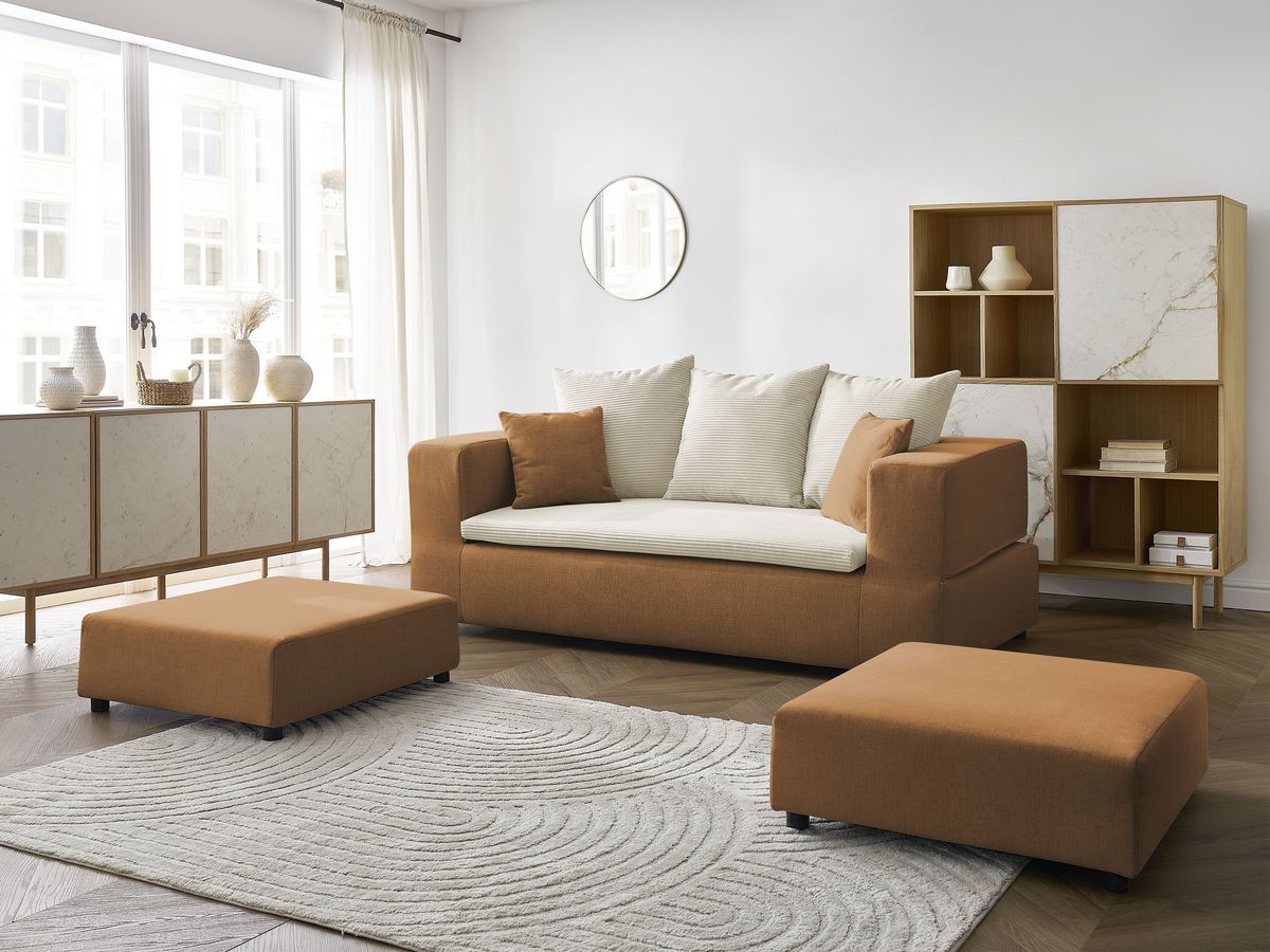 Canapé droit convertible LEANDRE bi matière avec deux poufs