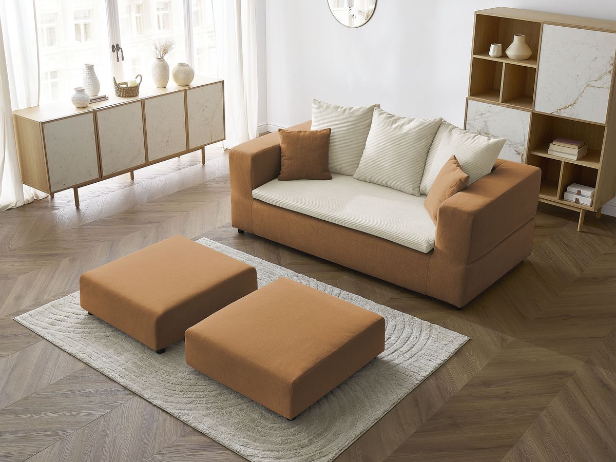Canapé droit convertible LEANDRE bi matière avec deux poufs
