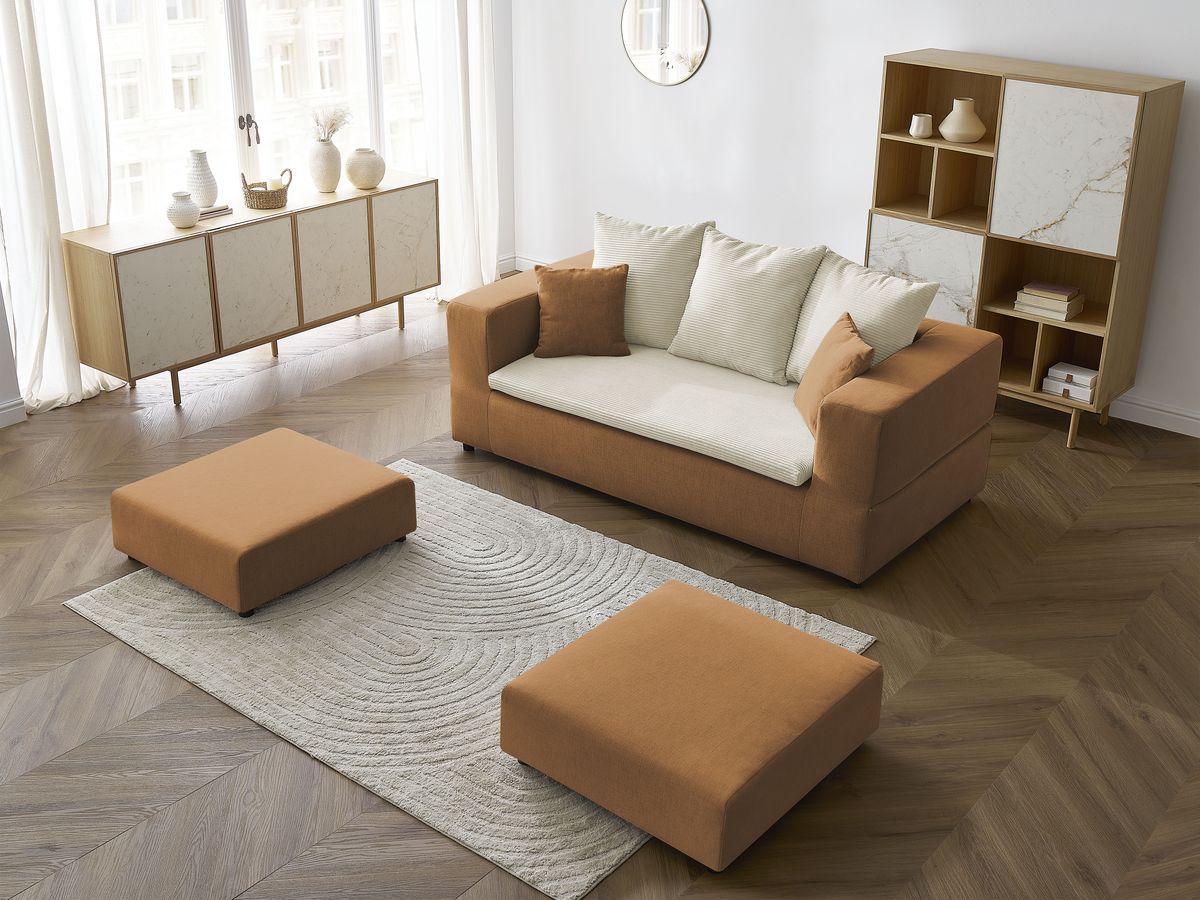 Canapé droit convertible LEANDRE bi matière avec deux poufs