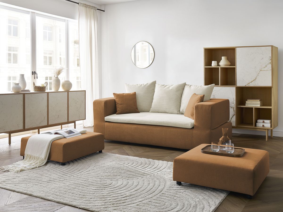 Canapé droit convertible LEANDRE bi matière avec deux poufs