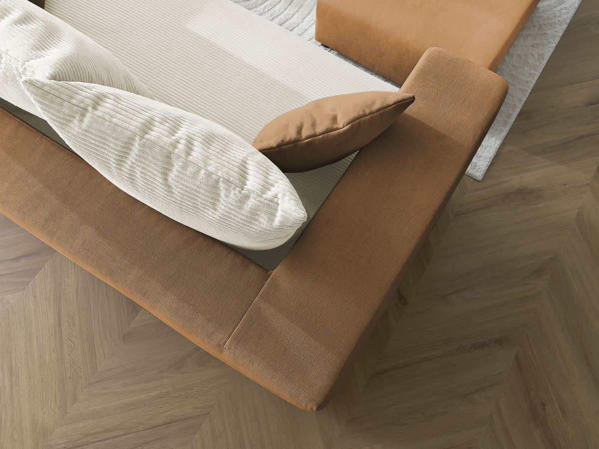 Canapé droit convertible LEANDRE bi matière avec deux poufs