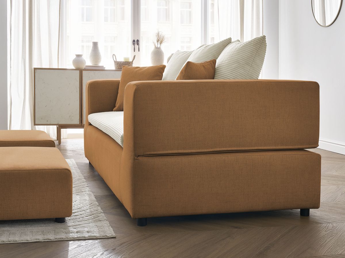 Canapé droit convertible LEANDRE bi matière avec deux poufs
