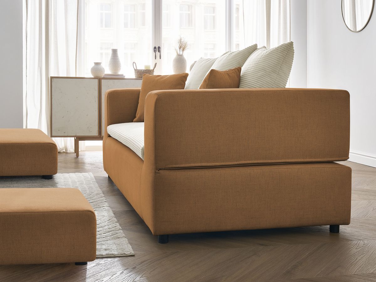 Canapé droit convertible LEANDRE bi matière avec deux poufs