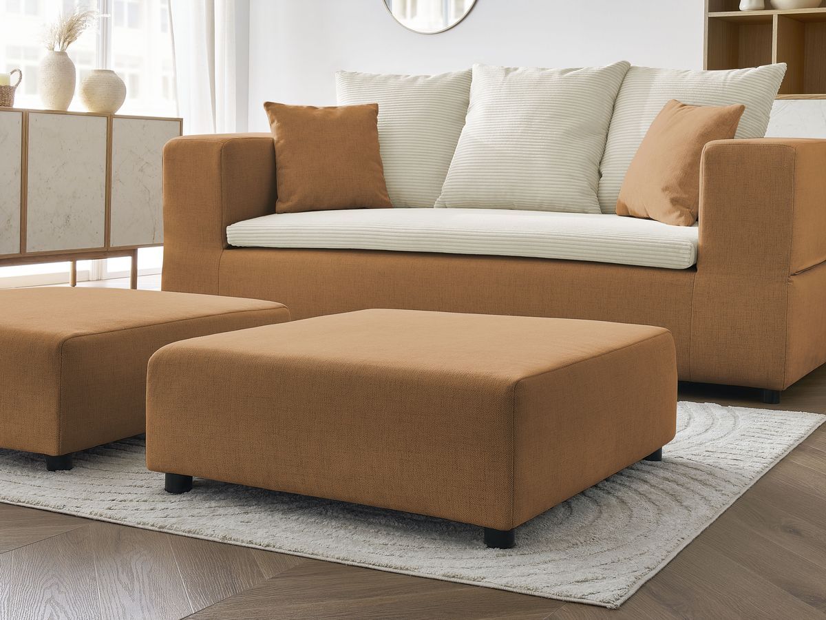 Canapé droit convertible LEANDRE bi matière avec deux poufs