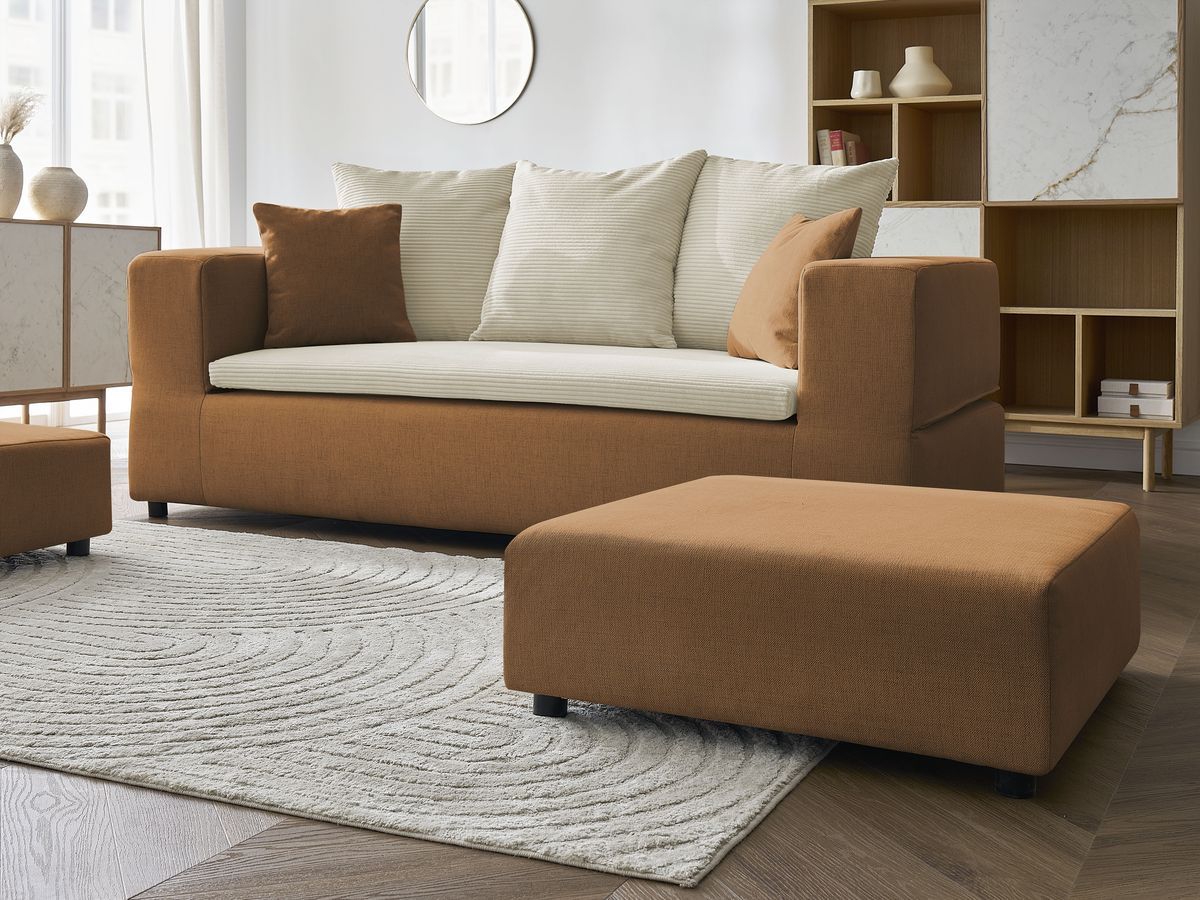 Canapé droit convertible LEANDRE bi matière avec deux poufs