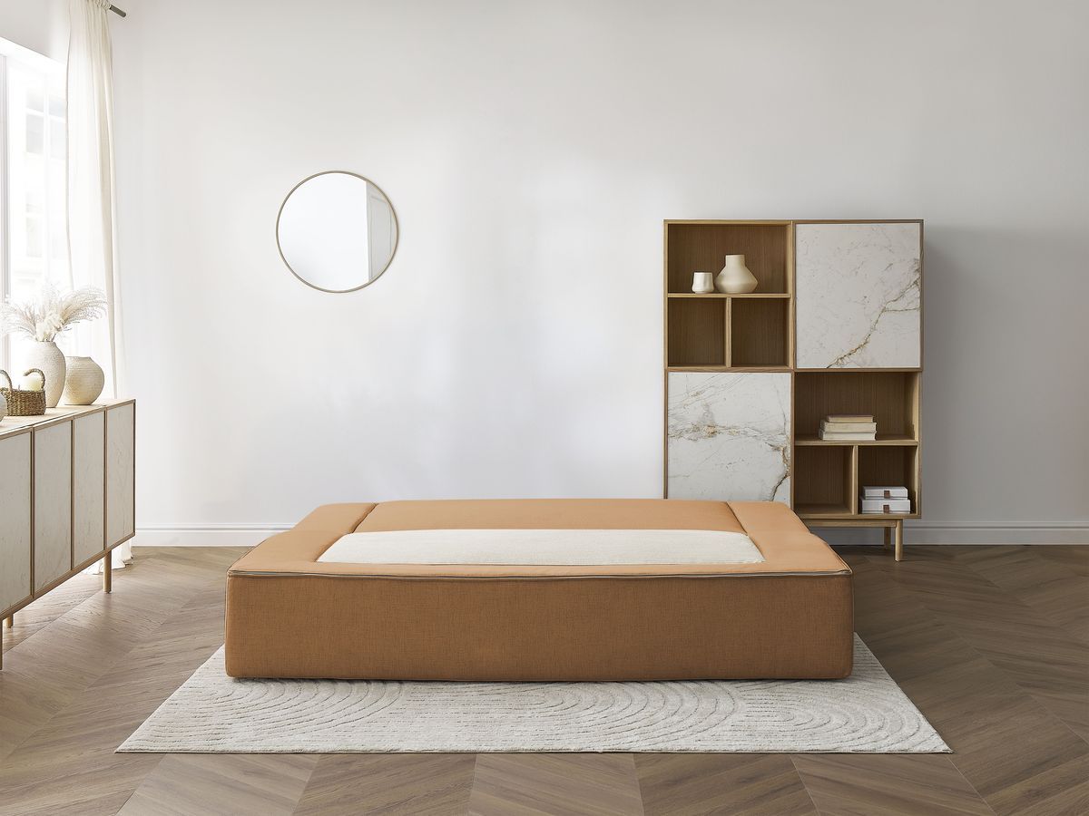 Canapé droit convertible LEANDRE bi matière avec deux poufs