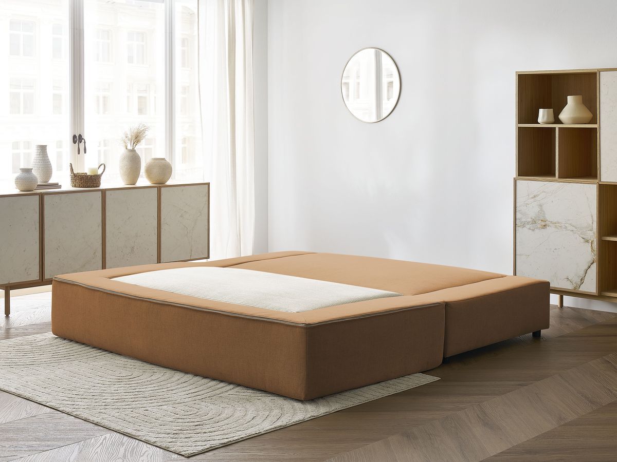 Canapé droit convertible LEANDRE bi matière avec deux poufs