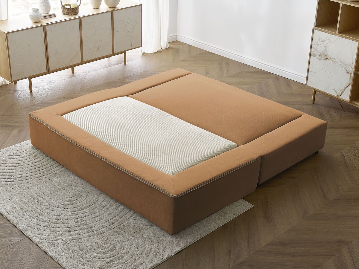 Canapé droit convertible LEANDRE bi matière avec deux poufs