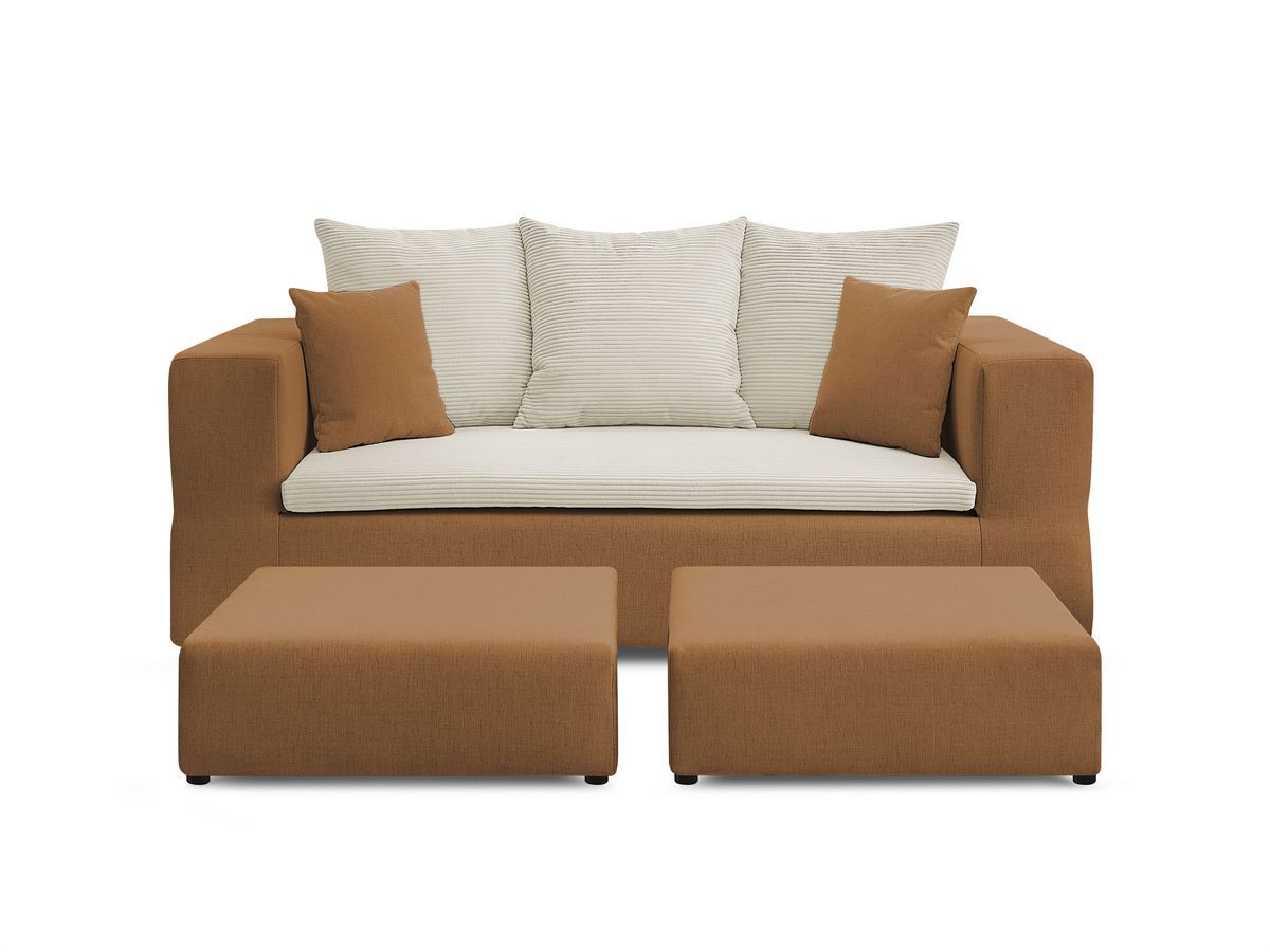 Canapé droit convertible LEANDRE bi matière avec deux poufs