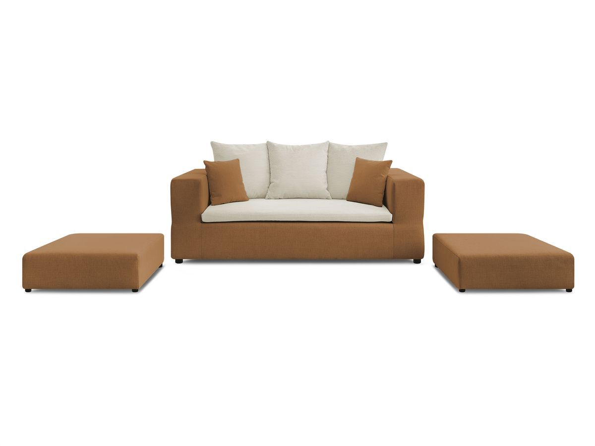 Canapé droit convertible LEANDRE bi matière avec deux poufs