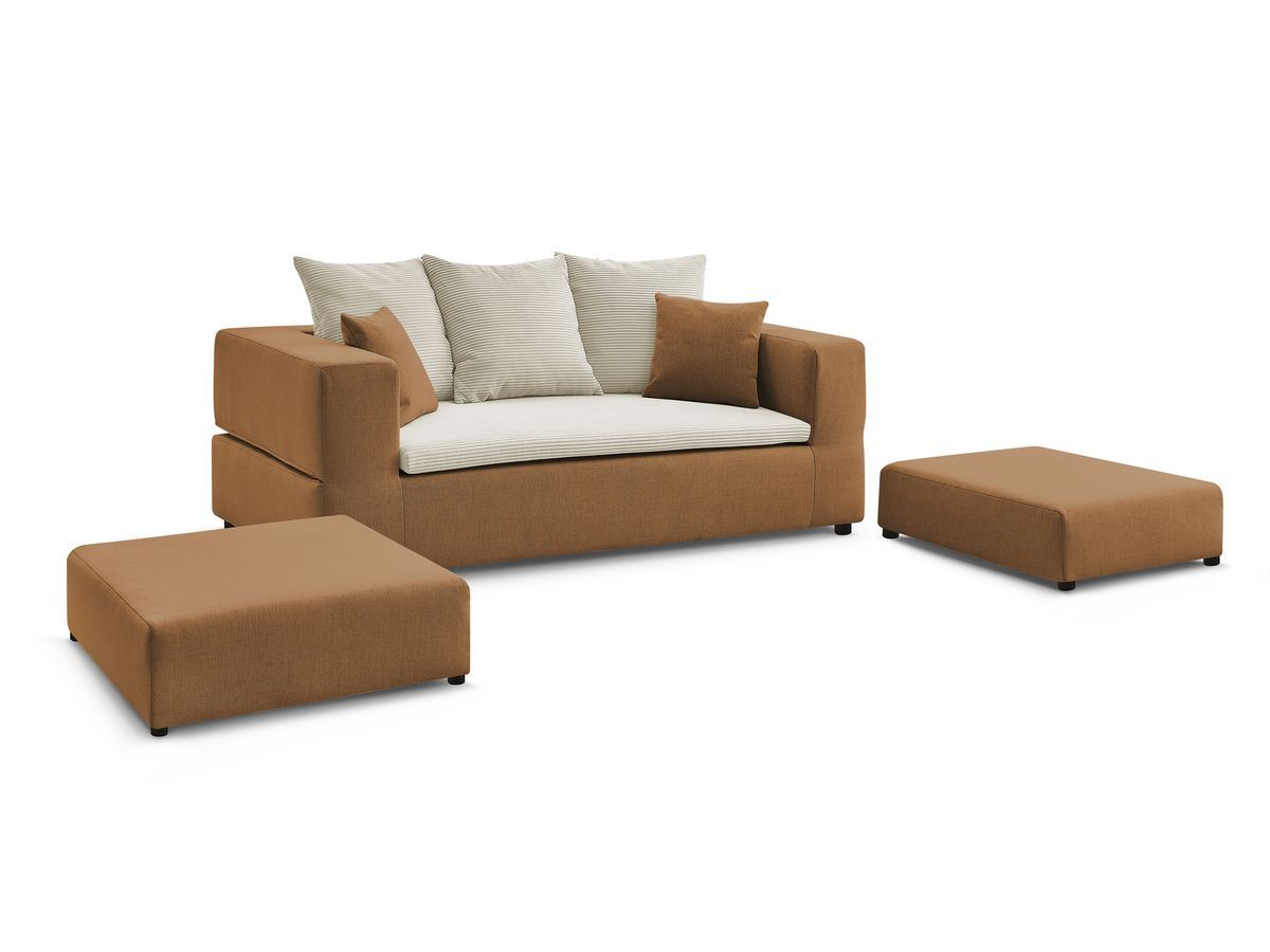 Canapé droit convertible LEANDRE bi matière avec deux poufs