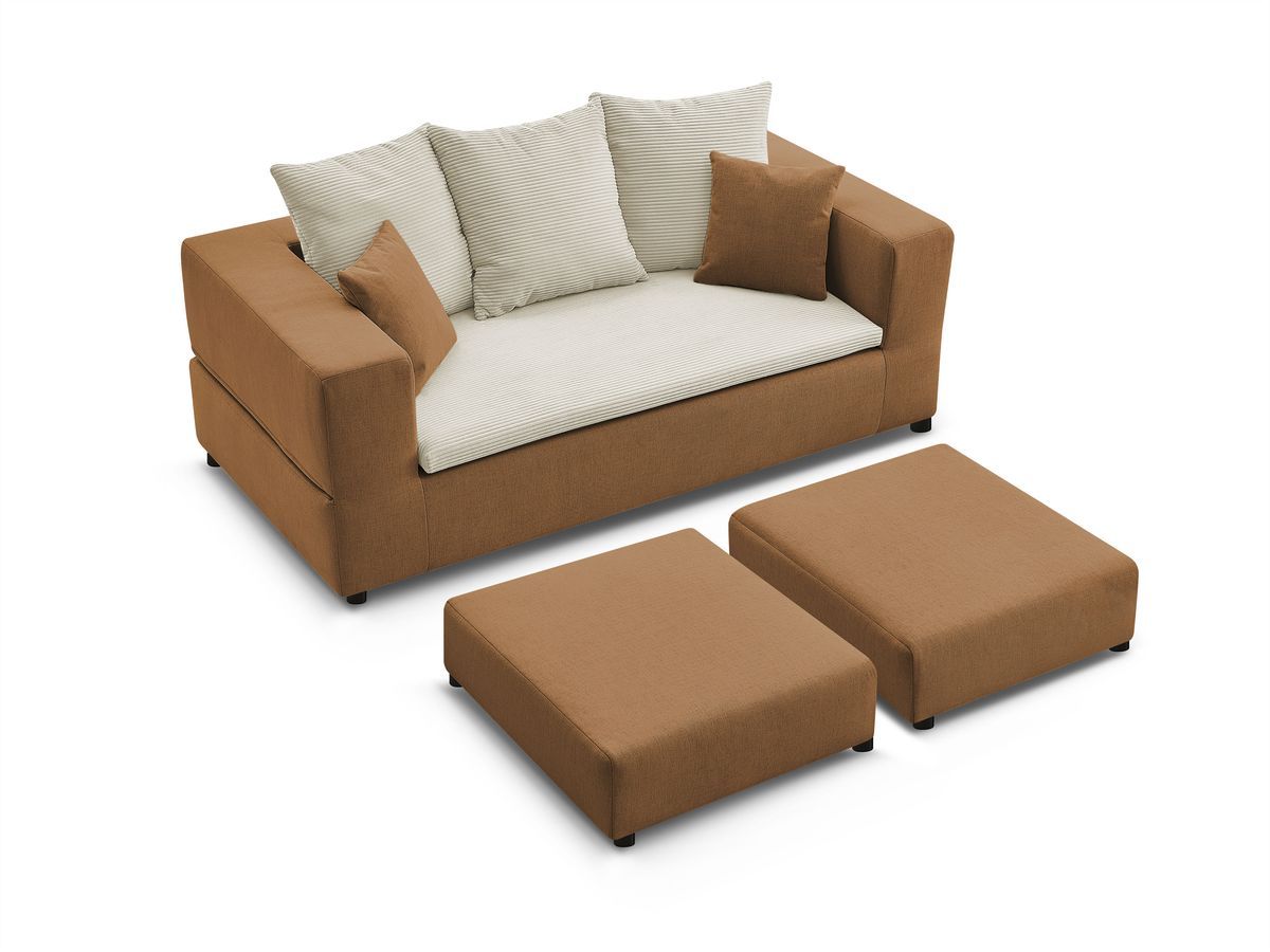 Canapé droit convertible LEANDRE bi matière avec deux poufs