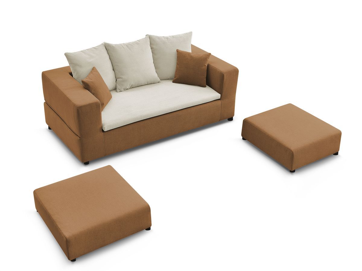 Canapé droit convertible LEANDRE bi matière avec deux poufs