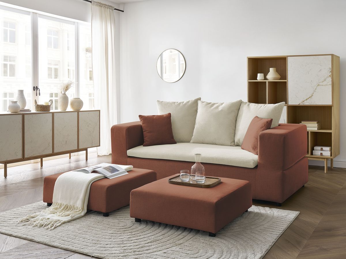 Canapé droit convertible LEANDRE bi matière avec deux poufs