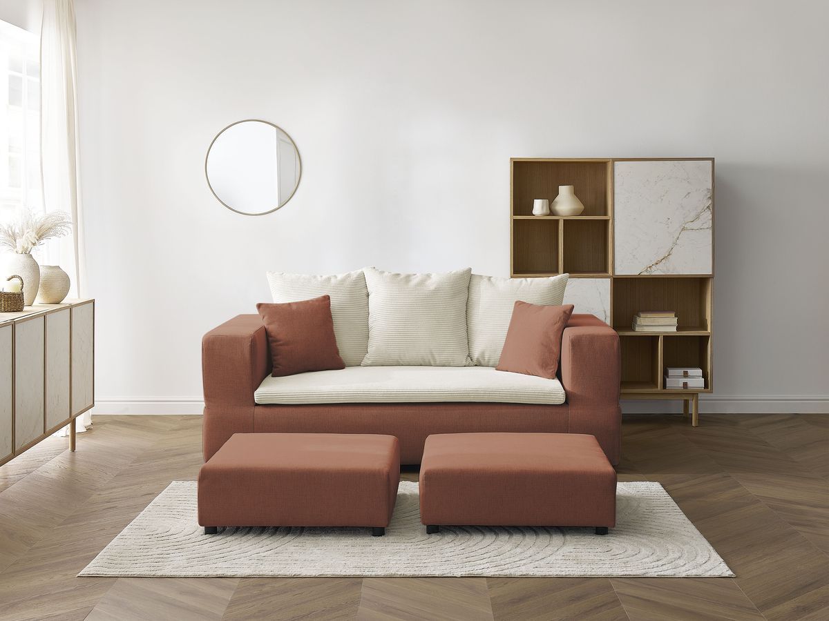 Canapé droit convertible LEANDRE bi matière avec deux poufs