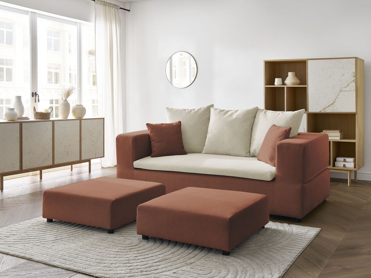 Canapé droit convertible LEANDRE bi matière avec deux poufs