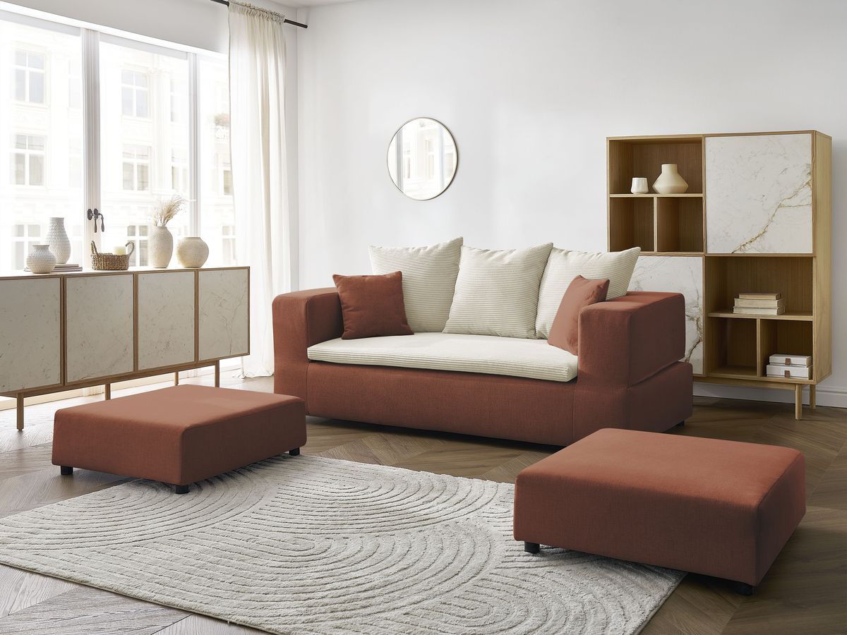 Canapé droit convertible LEANDRE bi matière avec deux poufs