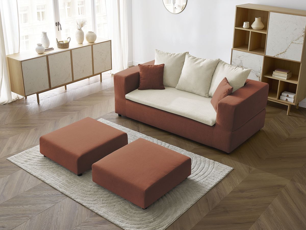 Canapé droit convertible LEANDRE bi matière avec deux poufs