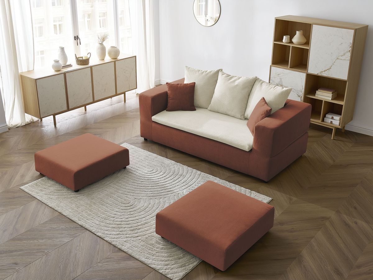 Canapé droit convertible LEANDRE bi matière avec deux poufs