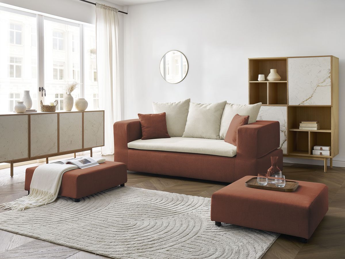 Canapé droit convertible LEANDRE bi matière avec deux poufs
