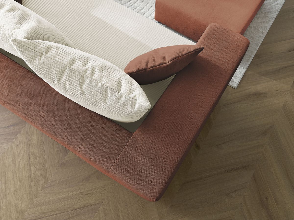 Canapé droit convertible LEANDRE bi matière avec deux poufs