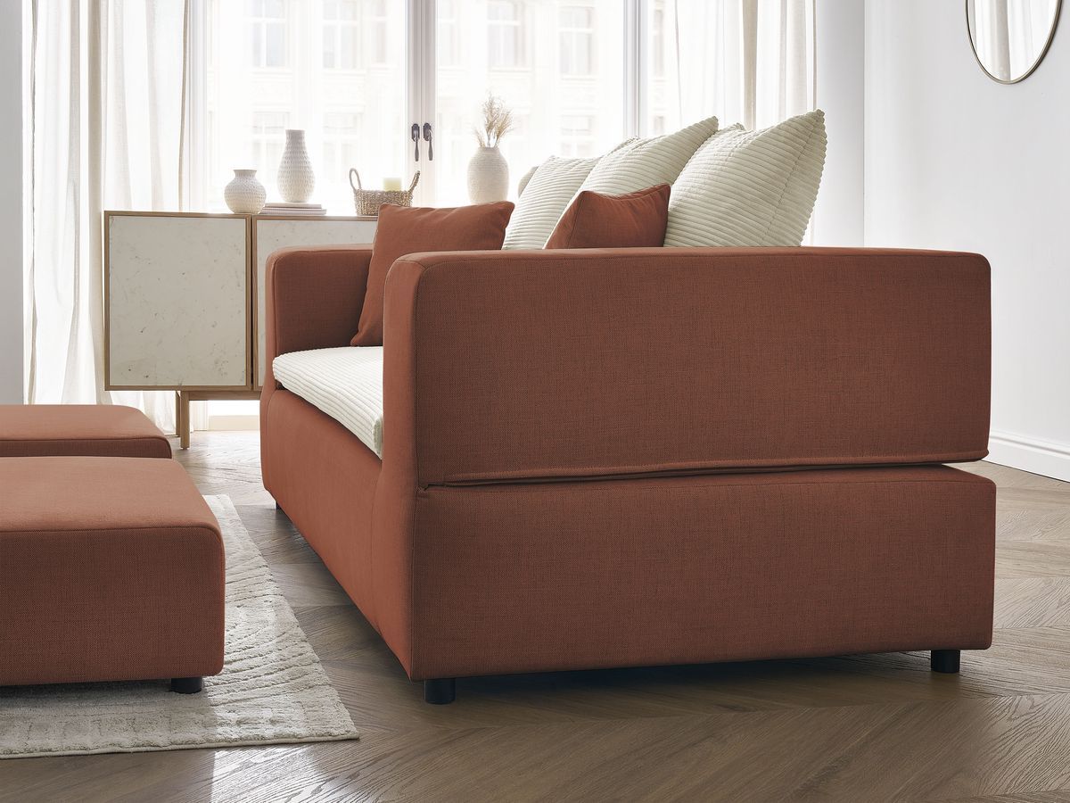 Canapé droit convertible LEANDRE bi matière avec deux poufs