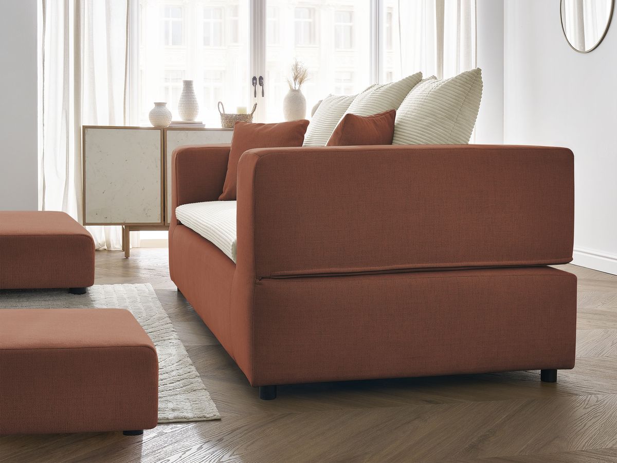 Canapé droit convertible LEANDRE bi matière avec deux poufs