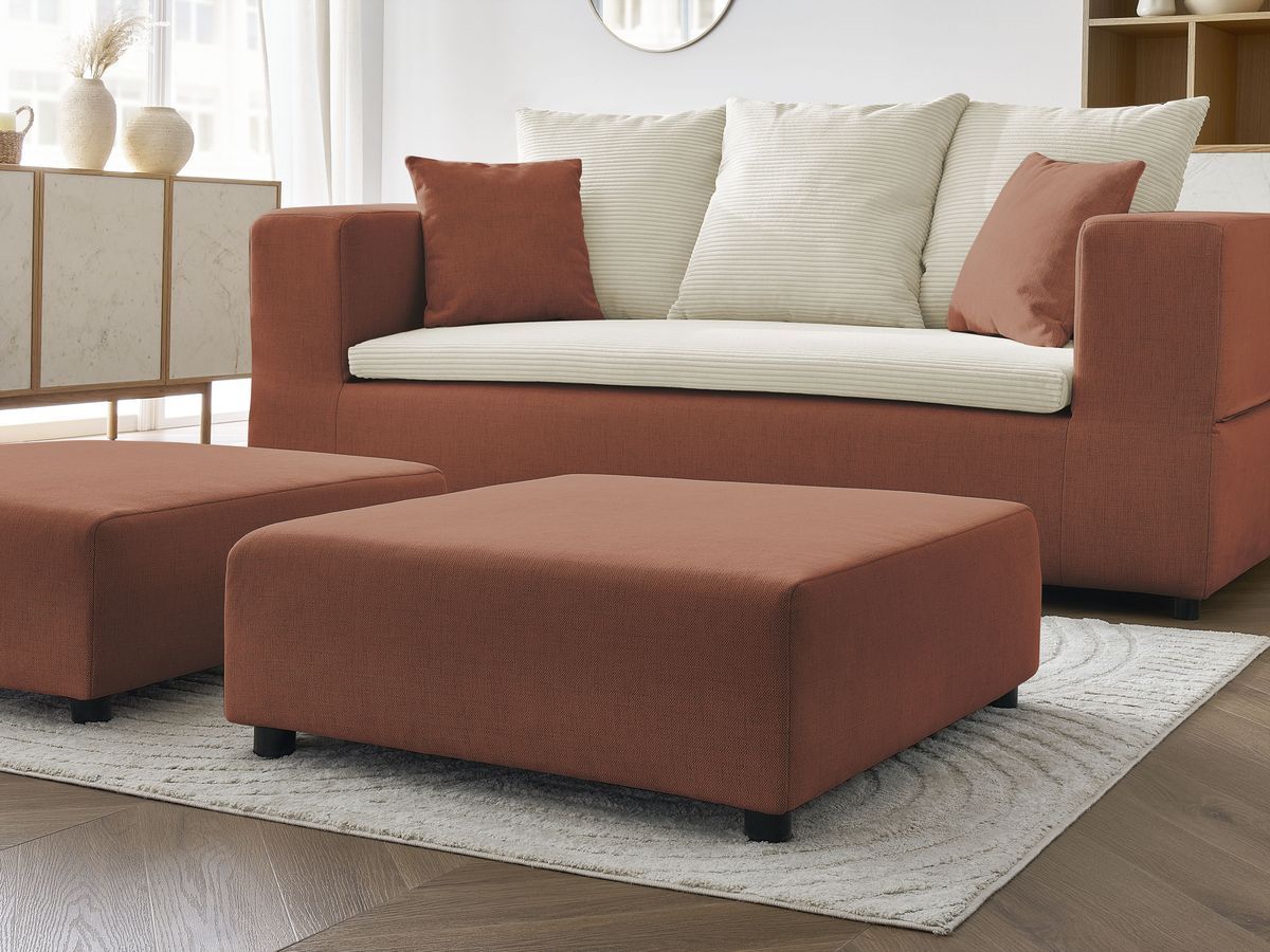 Canapé droit convertible LEANDRE bi matière avec deux poufs