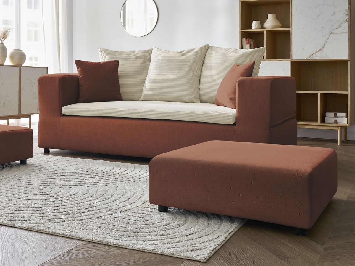 Canapé droit convertible LEANDRE bi matière avec deux poufs