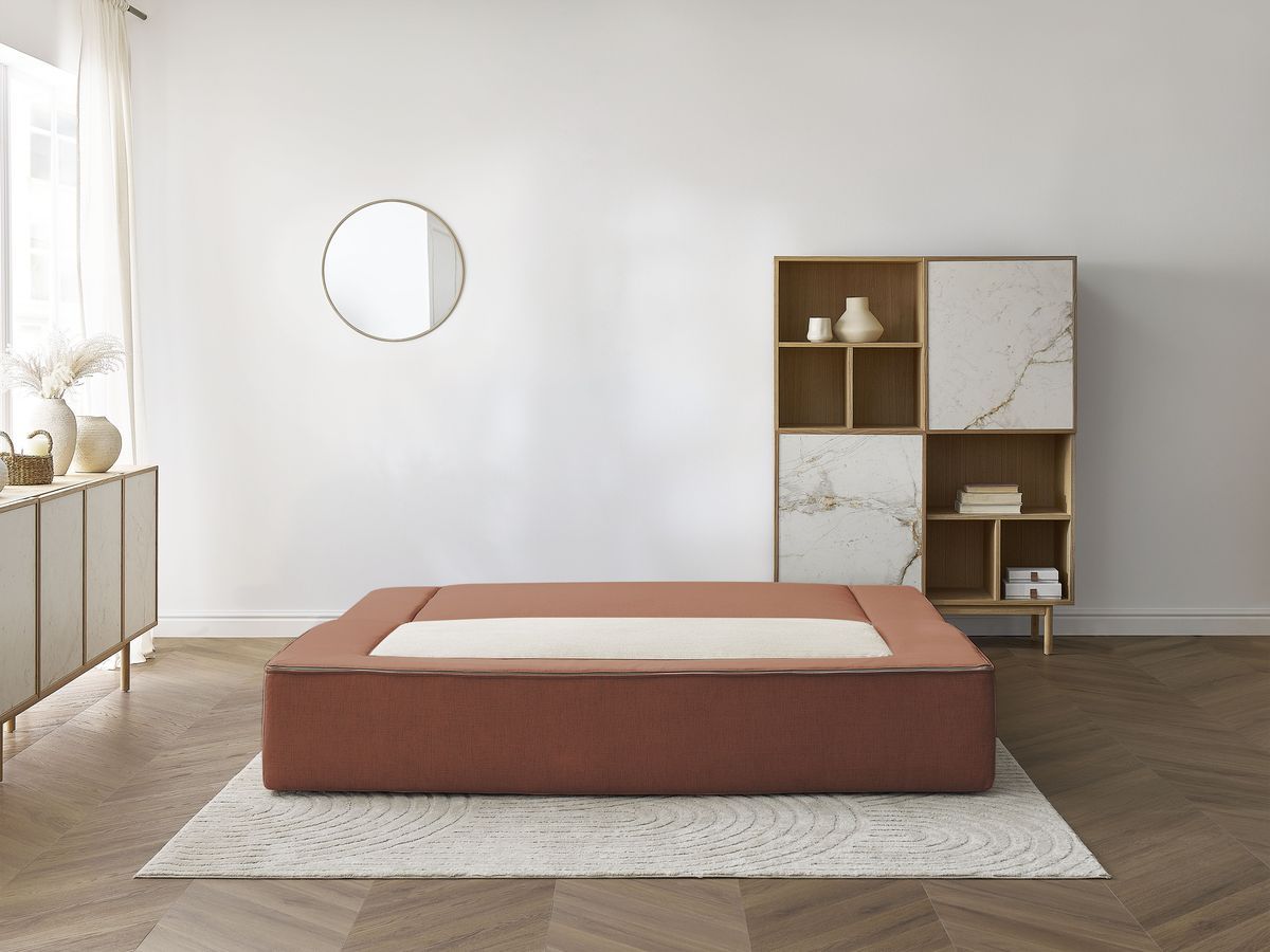 Canapé droit convertible LEANDRE bi matière avec deux poufs