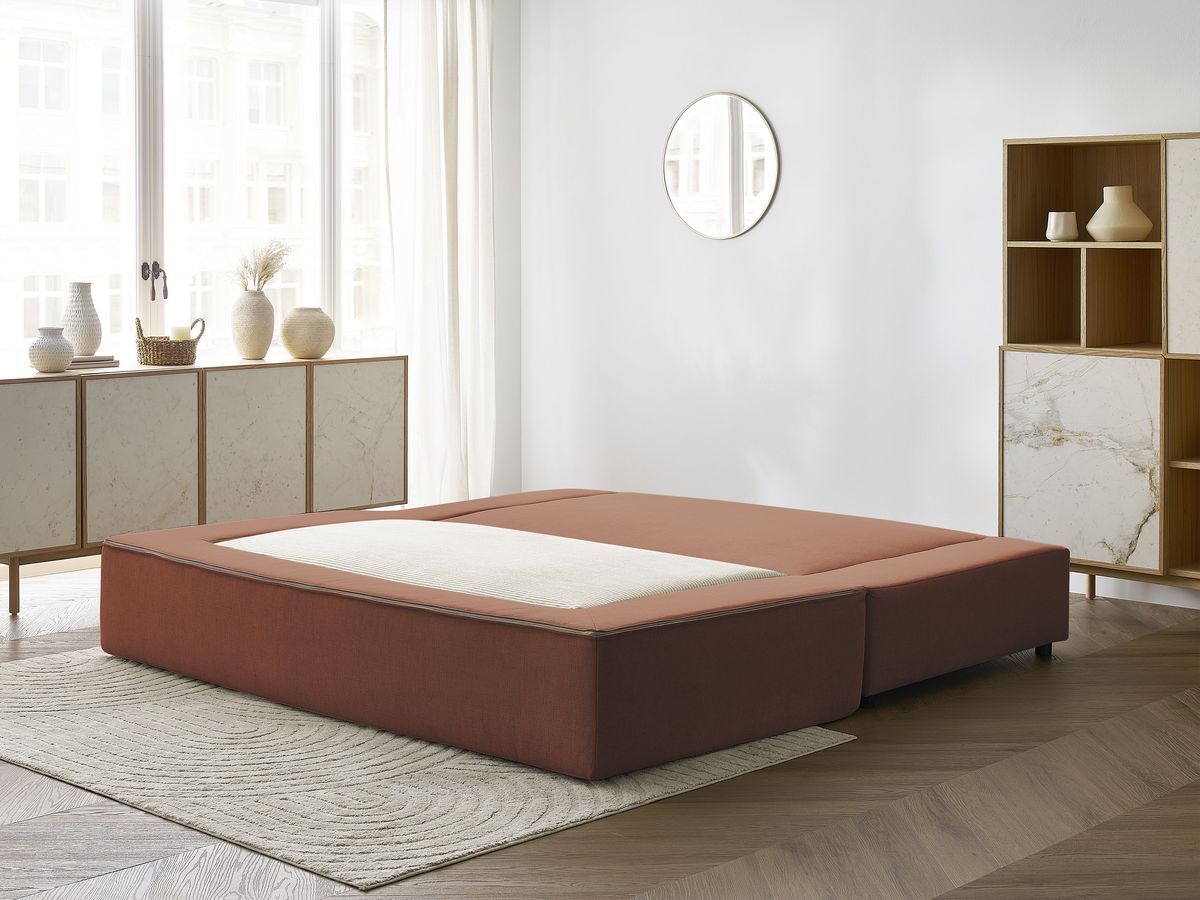 Canapé droit convertible LEANDRE bi matière avec deux poufs