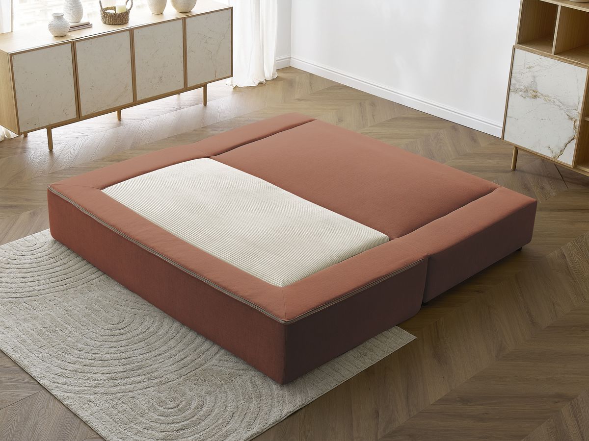 Canapé droit convertible LEANDRE bi matière avec deux poufs