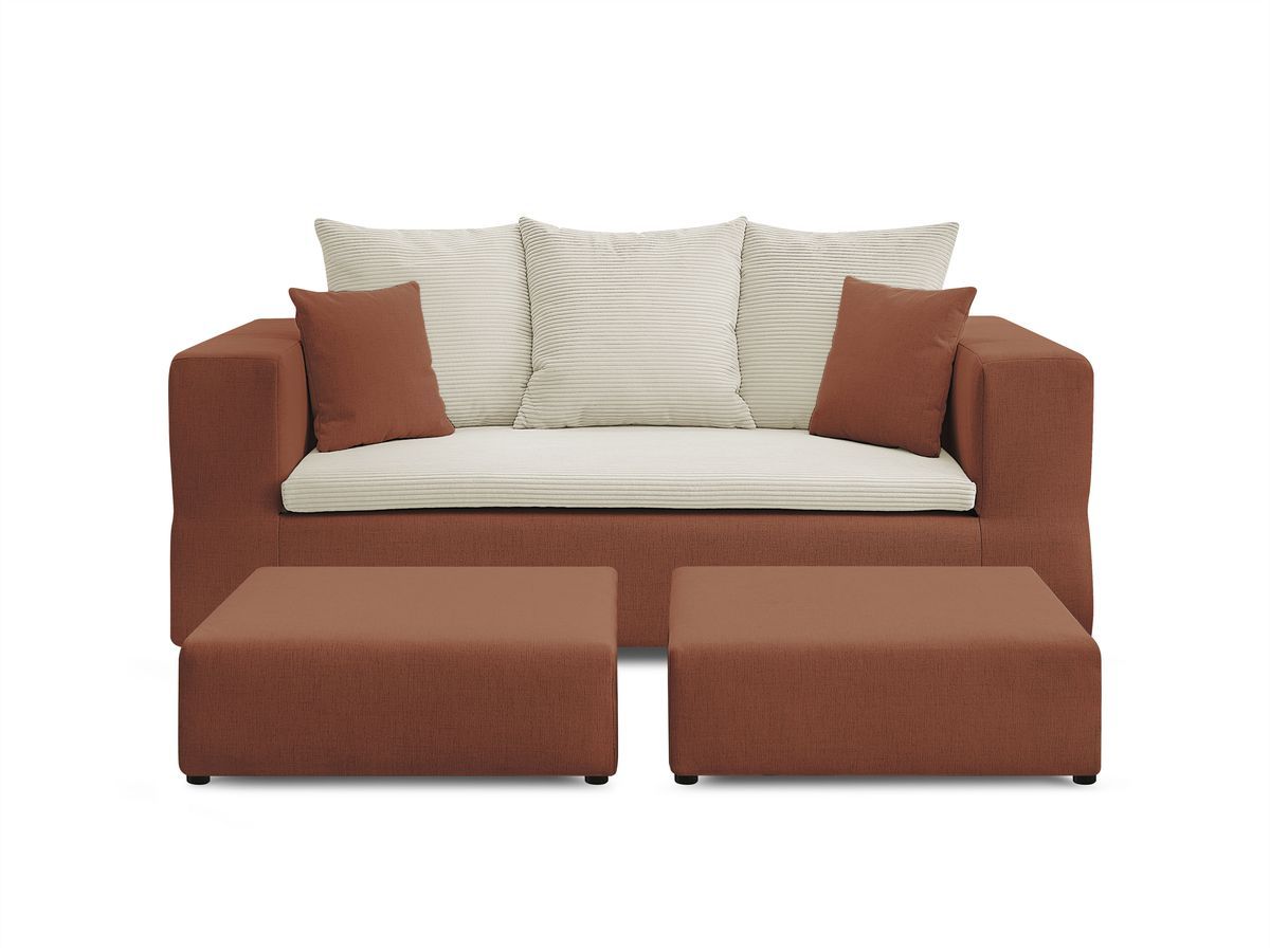 Canapé droit convertible LEANDRE bi matière avec deux poufs