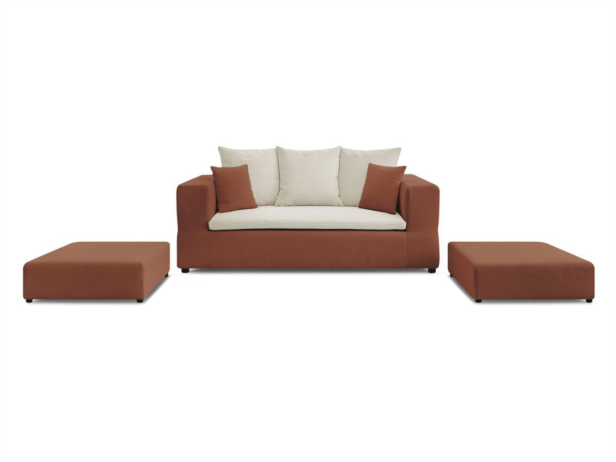 Canapé droit convertible LEANDRE bi matière avec deux poufs