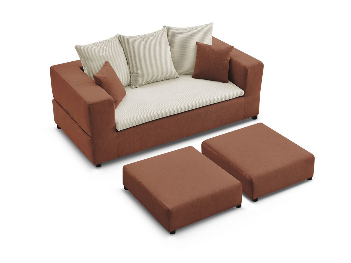 Canapé droit convertible LEANDRE bi matière avec deux poufs