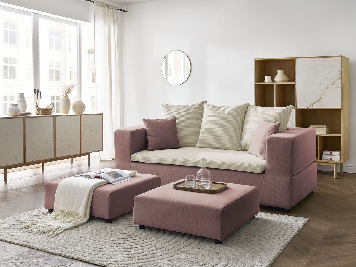 Canapé droit convertible LEANDRE bi matière avec deux poufs