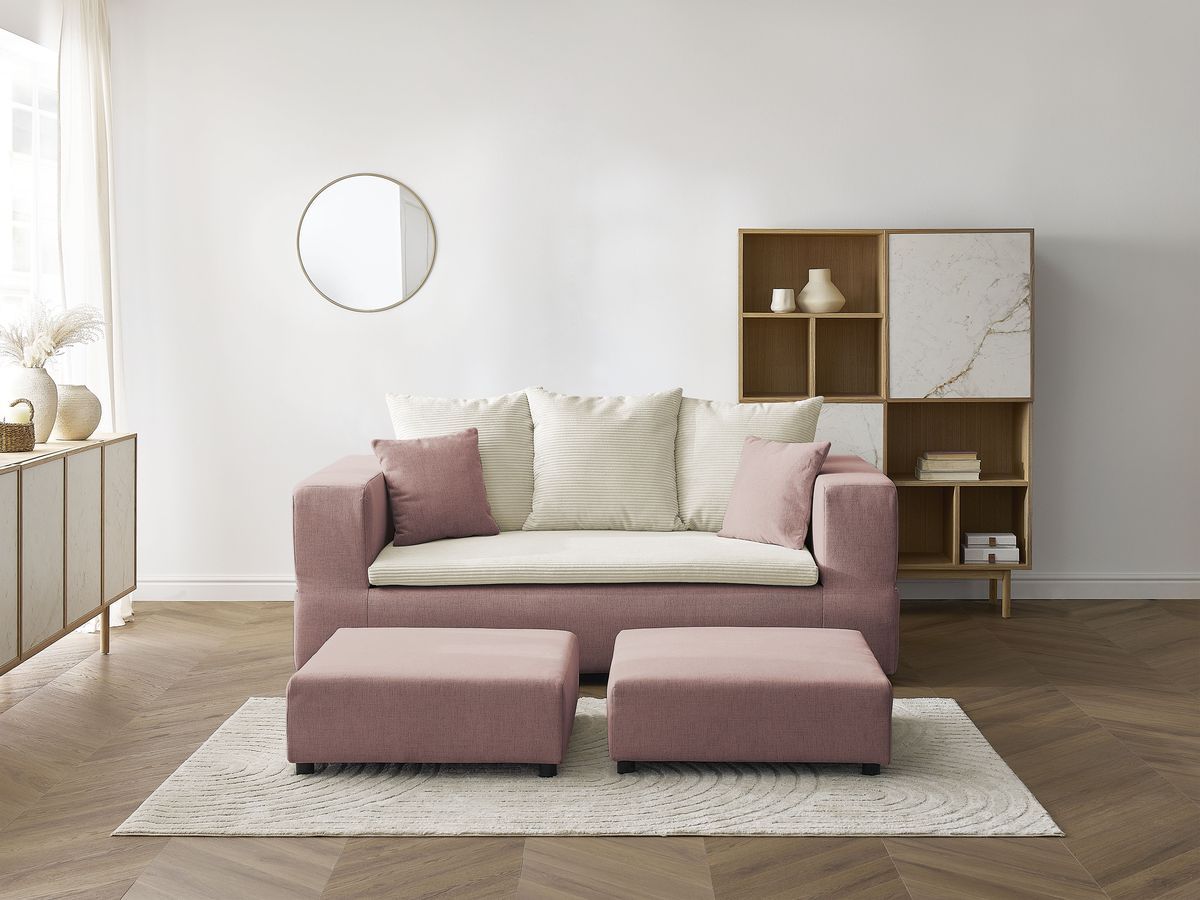 Canapé droit convertible LEANDRE bi matière avec deux poufs
