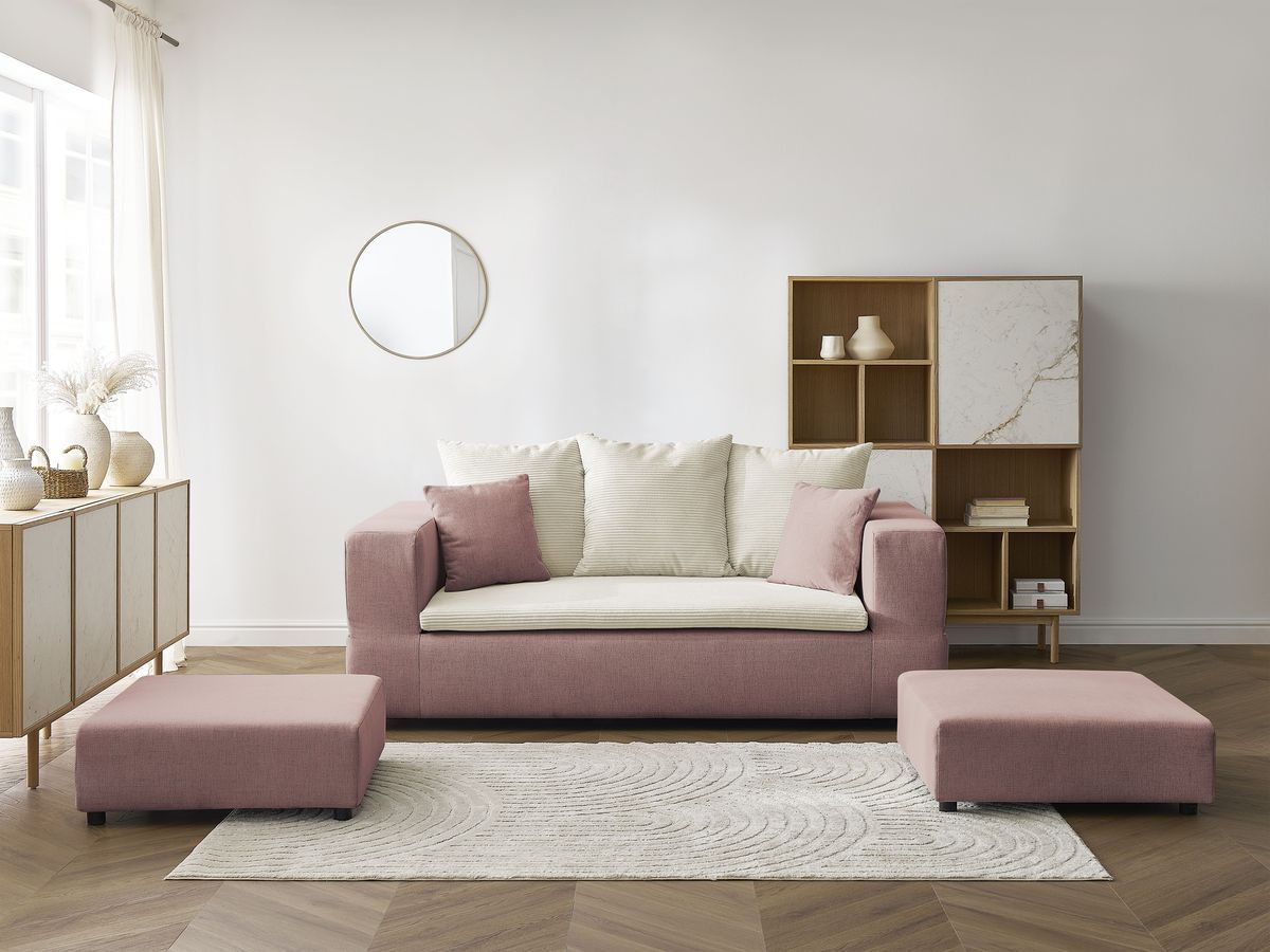 Canapé droit convertible LEANDRE bi matière avec deux poufs beige et rose BOBOCHIC 4 places - Vue supplémentaire 3