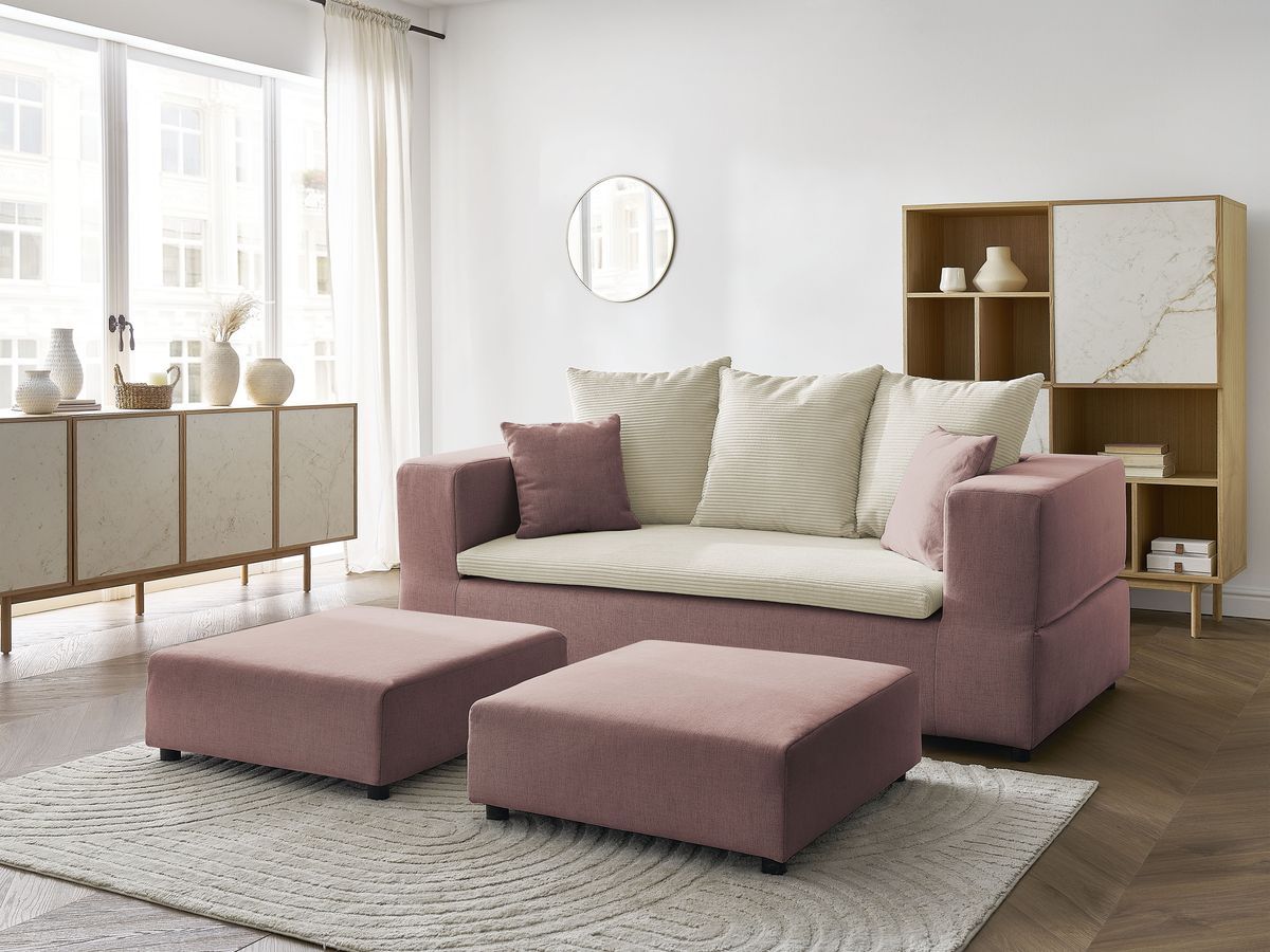 Canapé droit convertible LEANDRE bi matière avec deux poufs