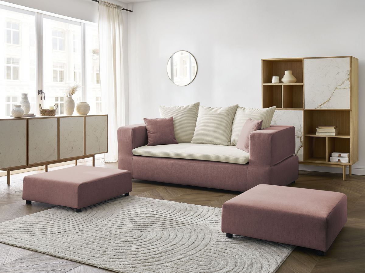 Canapé droit convertible LEANDRE bi matière avec deux poufs