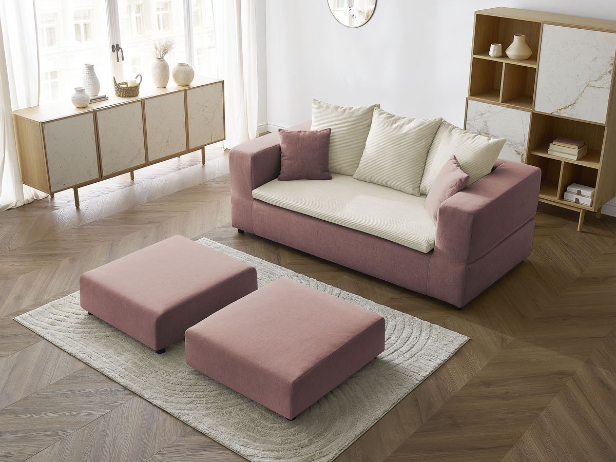 Canapé droit convertible LEANDRE bi matière avec deux poufs